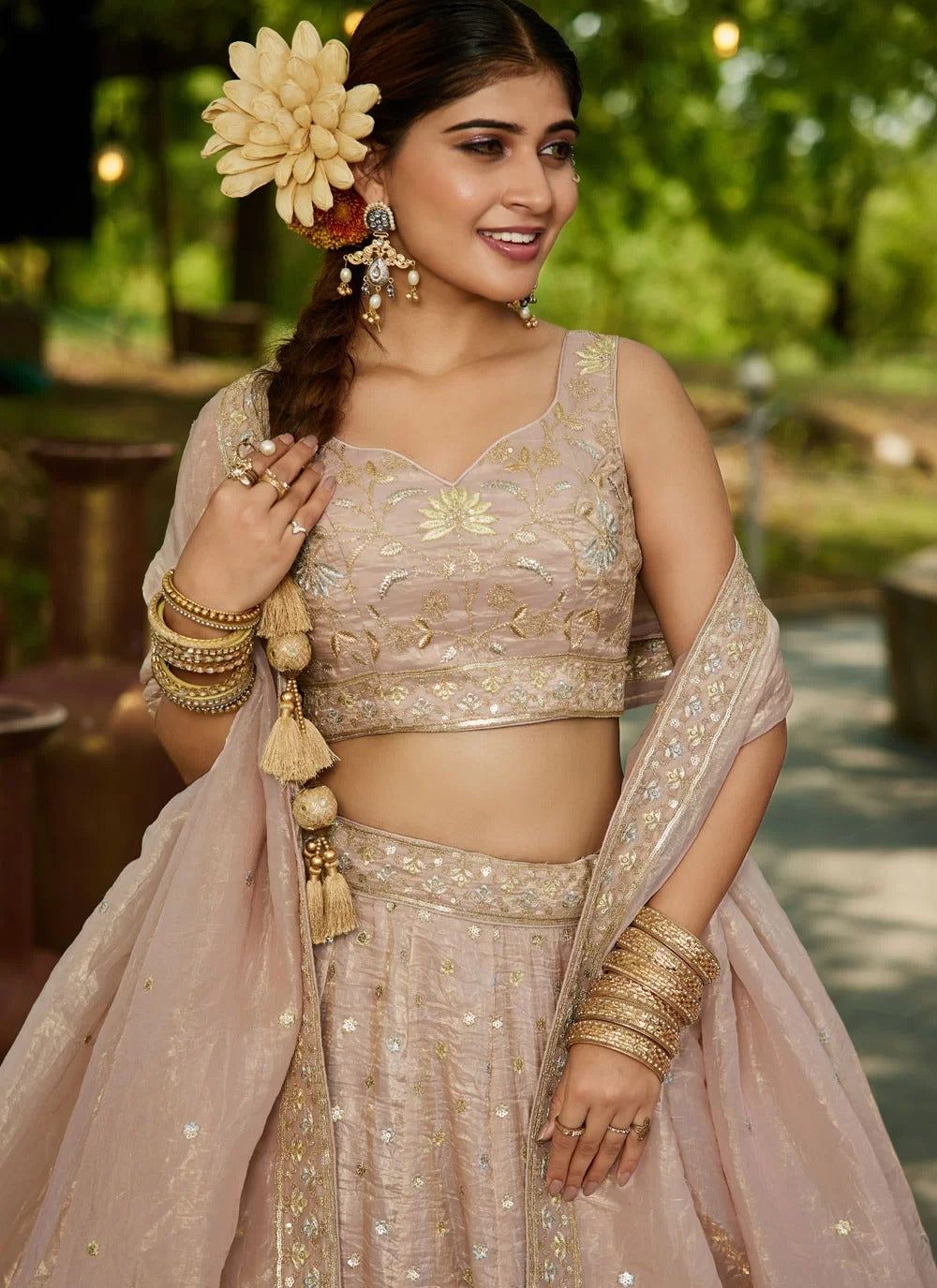 Nude Tissue Wedding Lehenga | Sequins & Embroidery – Elegant Bridal Wear for Women