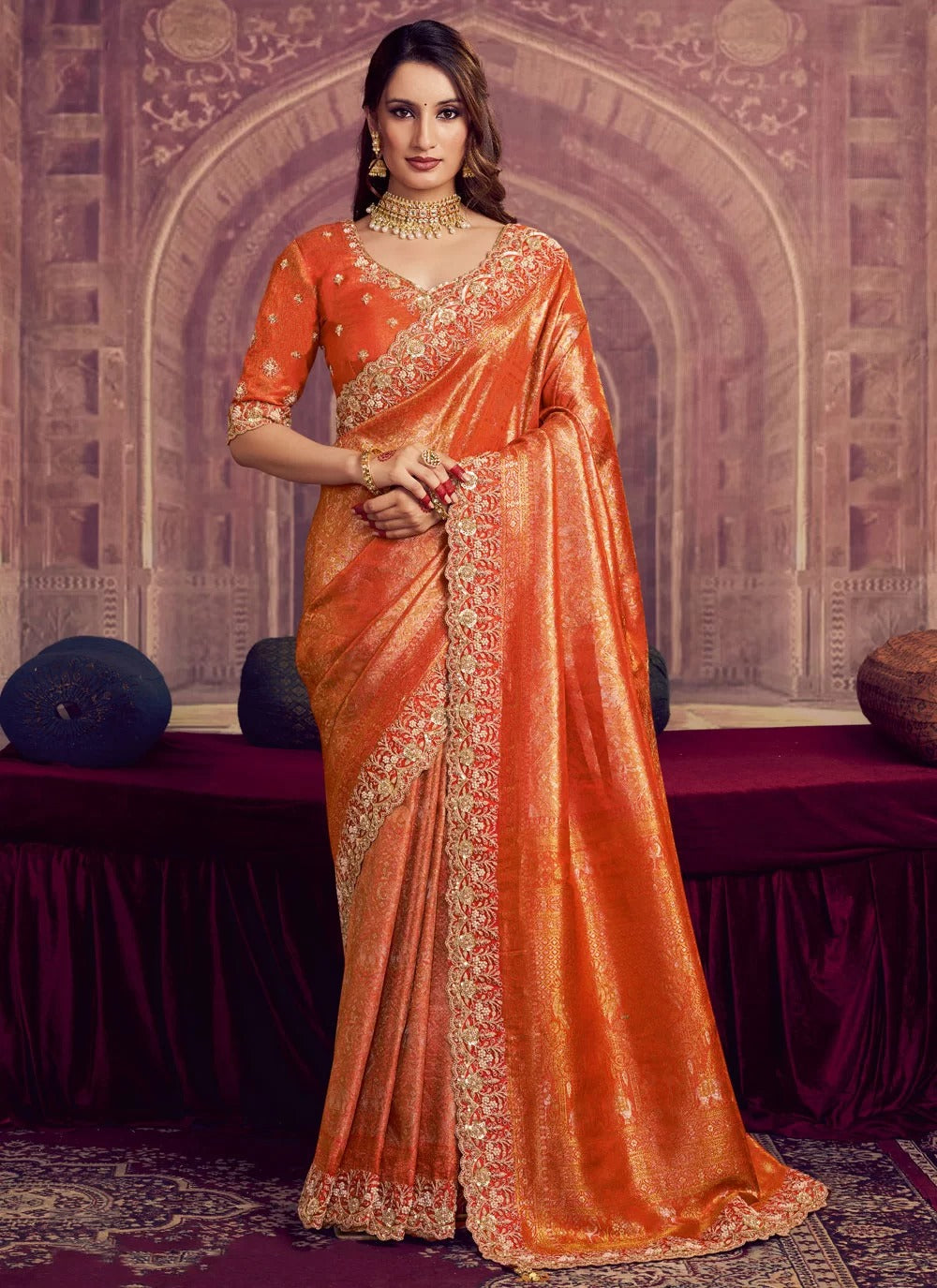 Luxurious Orange Kanjivaram Pure Zari Silk Wedding Saree