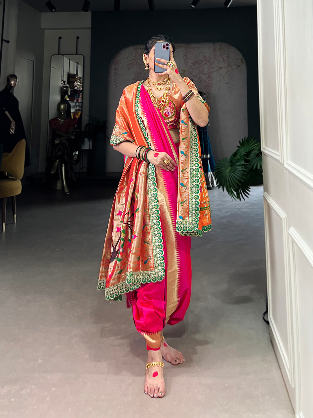 Pink jacquard paithani silk saree with zari weaving