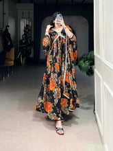 Orange Color Floral Printed And Paper Mirror Lace Georgette Gown