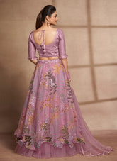 Organza And Net Digital Print & Sequins Embroidery Work In Purple