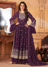 Palazzo Pants Design Faux Georgette Embroidered Suit In Purple
