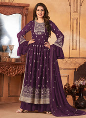 Palazzo Pants Design Faux Georgette Embroidered Suit In Purple