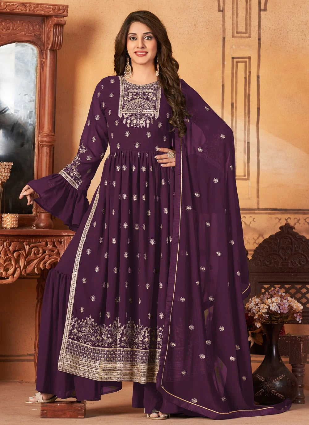 Palazzo Pants Design Faux Georgette Embroidered Suit In Purple
