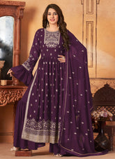 Palazzo Pants Design Faux Georgette Embroidered Suit In Purple