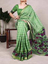 Parrot green chanderi saree with zari border