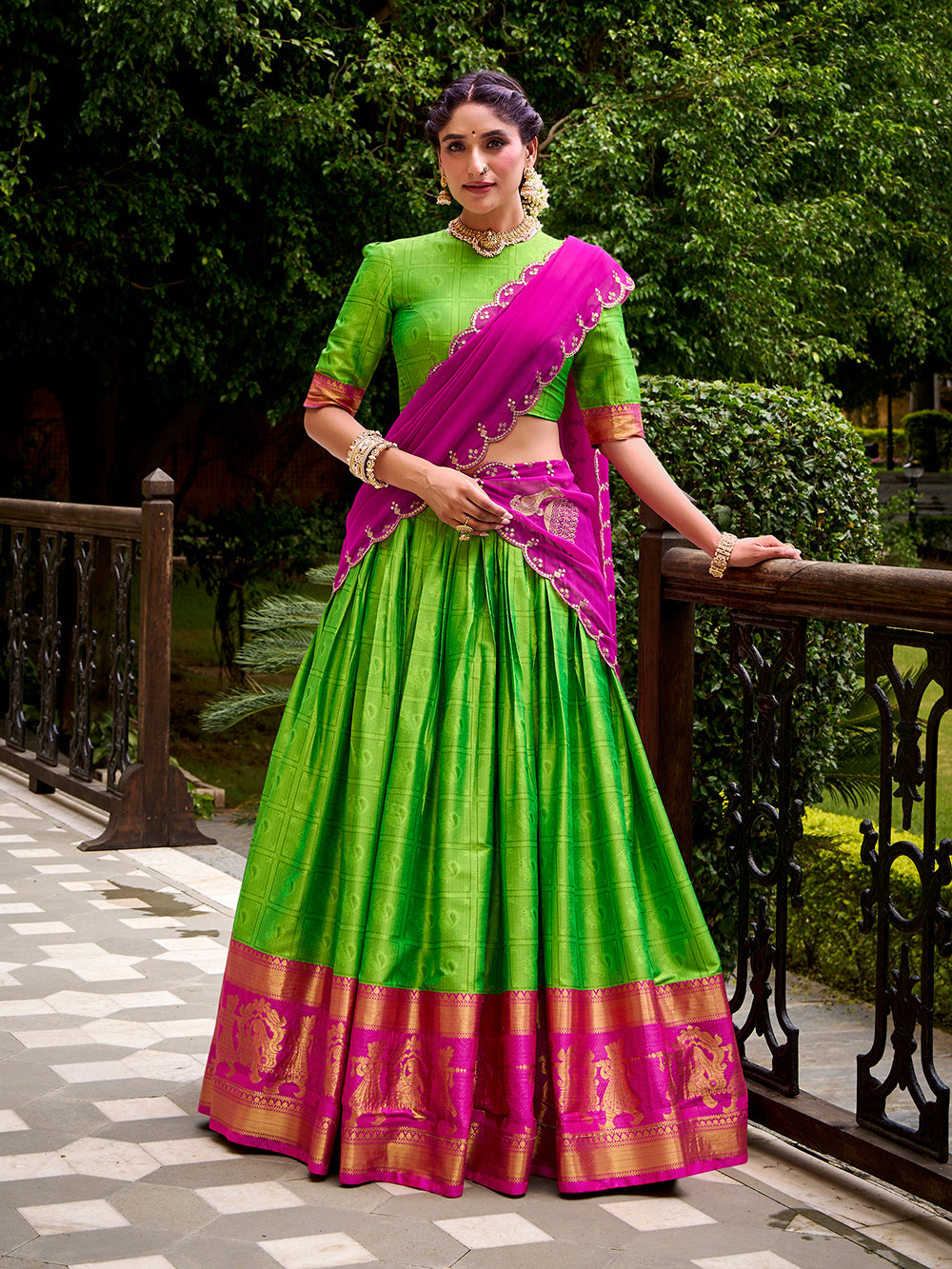Parrot Green Poly Cotton Lehenga with Zari Weaving
