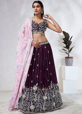 Party Wear Burgundy Poly Georgette Zarkan And Sequins Work Lehenga