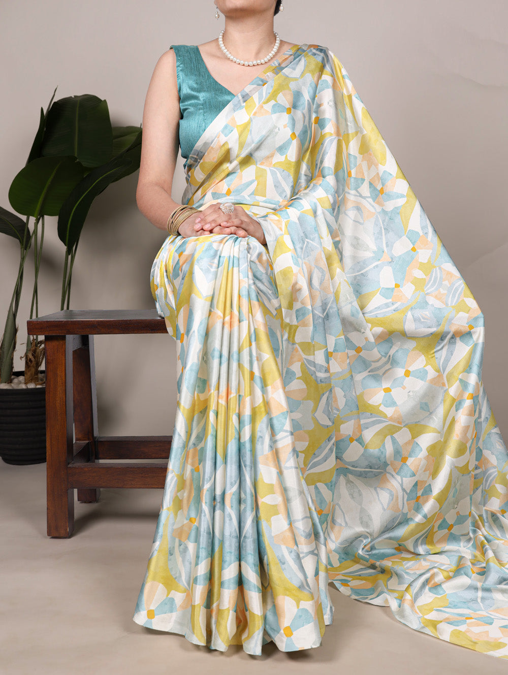 Lemon yellow satin silk floral printed saree
