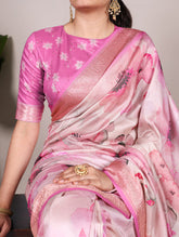 Pink tussar silk floral printed saree