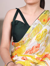 Yellow satin saree with matching blouse