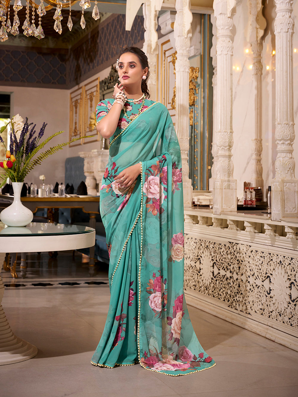 Green georgette saree with pearl lace border