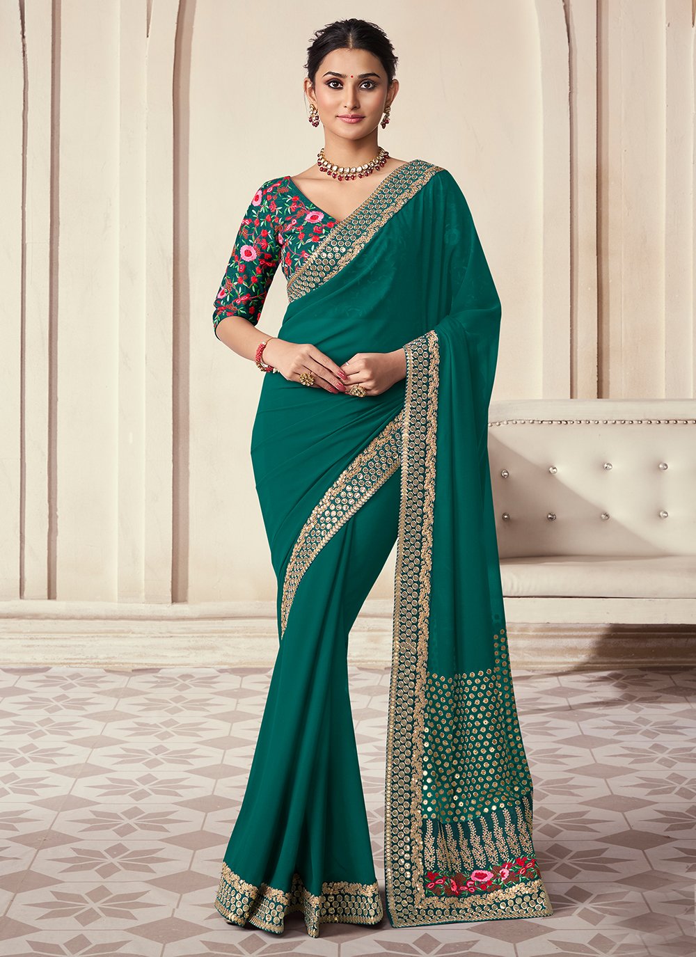 Party Wear Oganza zari Sequins Work Indian Saree In Green