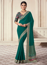 Party Wear Oganza zari Sequins Work Indian Saree In Green