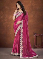 Party Wear Pink Banarasi Crush Silk Saree with Net Stitched Blouse