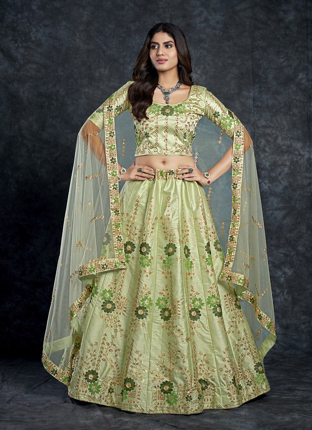 Party Wear Silk Lehenga With Diamond and Zari Work In Pista Green