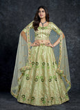 Party Wear Silk Lehenga With Diamond and Zari Work In Pista Green