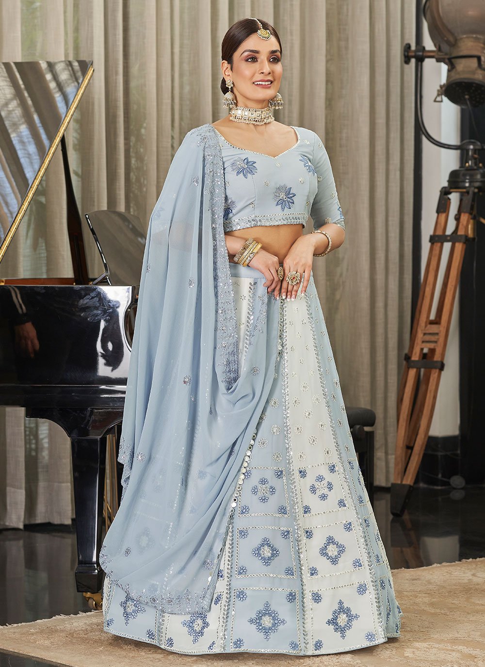 Party Wear Sky Georgette Thread Sequins Embroidery Lehenga Choli