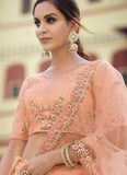 Party Wear Soft Net Sequins and thread work Lehenga in Peach