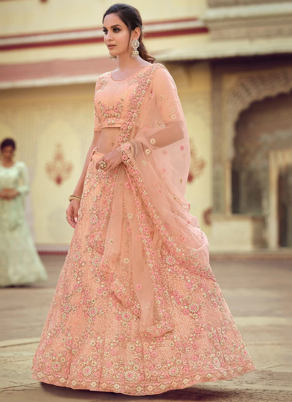Party Wear Soft Net Sequins and thread work Lehenga in Peach