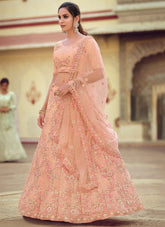 Party Wear Soft Net Sequins and thread work Lehenga in Peach