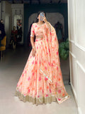 Peach floral lehenga with lace border