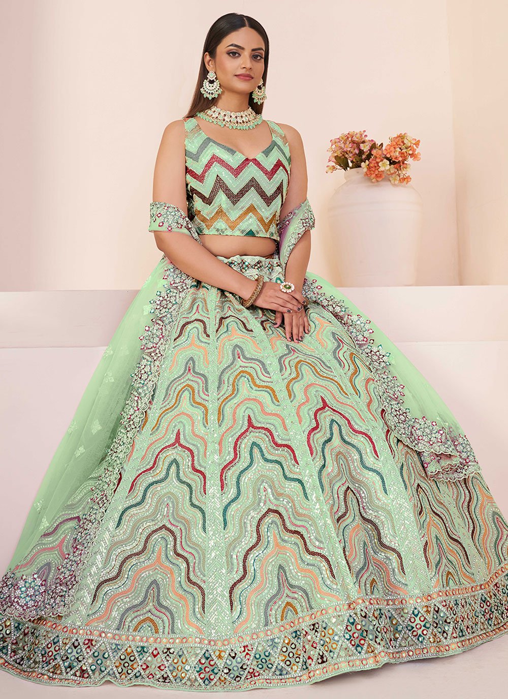 Party Wear Turquoise Net Thread Stone Work Lehenga Choli