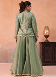 Pista green flared palazzo set with floral embroidery