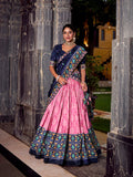 Tasar silk pink lehenga with blue blouse