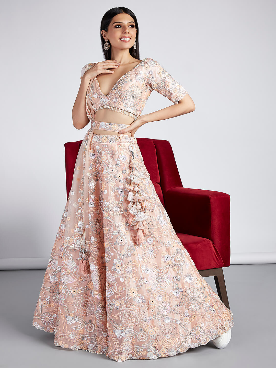 Peach Color Organza Sequins and Zarkan Embroidered Lehenga