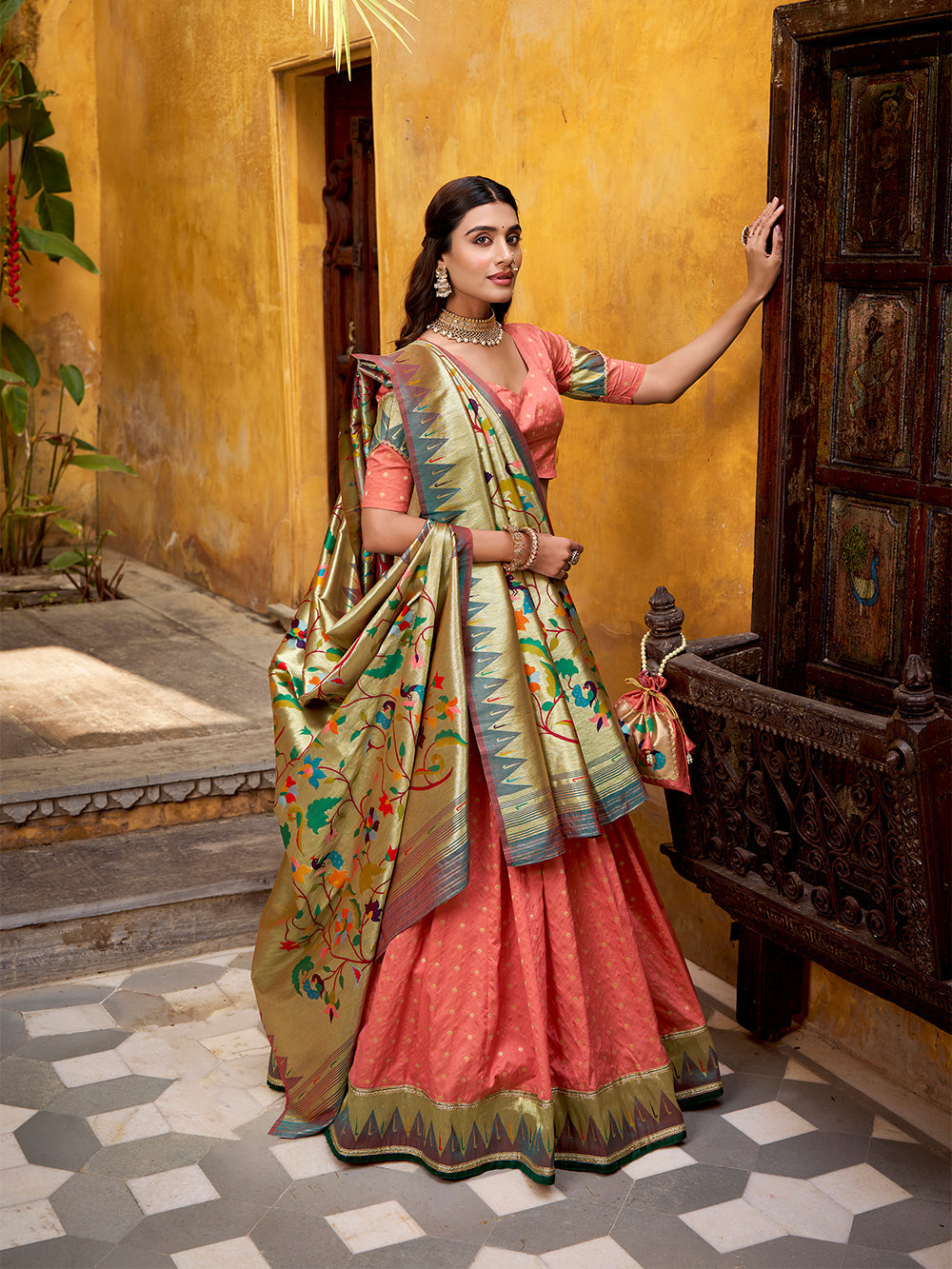 paithani lehenga with dupatta peach