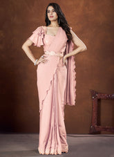 Peach Crepe Satin Silk Designer Saree with Georgette Readymade Blouse