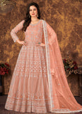 Peach Embroidered Abaya Style Suit in Net