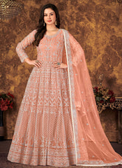 Peach Embroidered Abaya Style Suit in Net