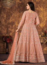 Peach Embroidered Abaya Style Suit in Net