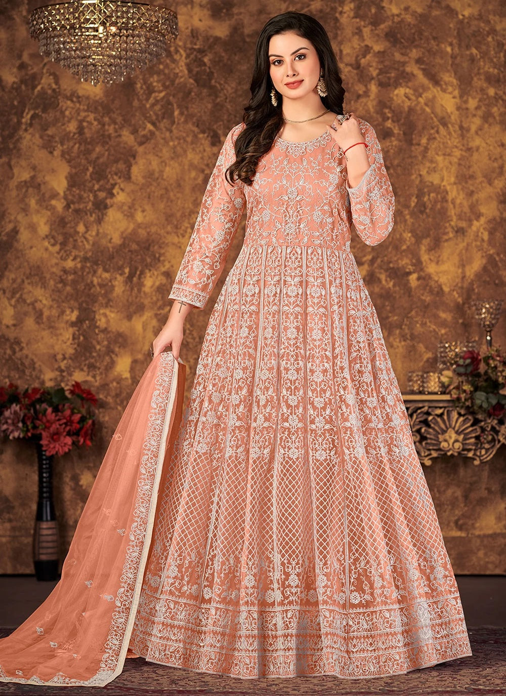 Peach Embroidered Abaya Style Suit in Net 