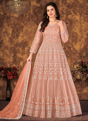 Peach Embroidered Abaya Style Suit in Net