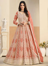 Peach embroidered Anarkali suit in faux georgette fabric