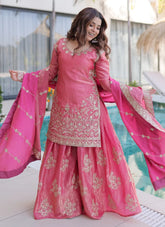 Peach Embroidered Sharara Set for Women