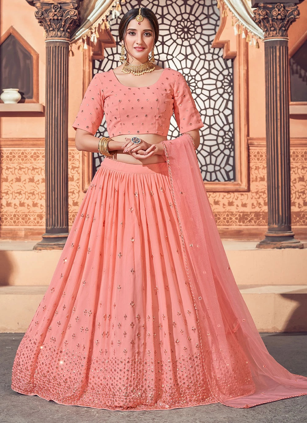 Peach Georgette Thread with Sequince Embroidered Wedding Lehenga Choli