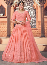 Peach Georgette Thread with Sequince Embroidered Wedding Lehenga Choli