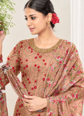 Peach Net Embroidery Patiyala Suit With Organza Dupatta