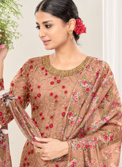 Peach Net Embroidery Patiyala Suit With Organza Dupatta