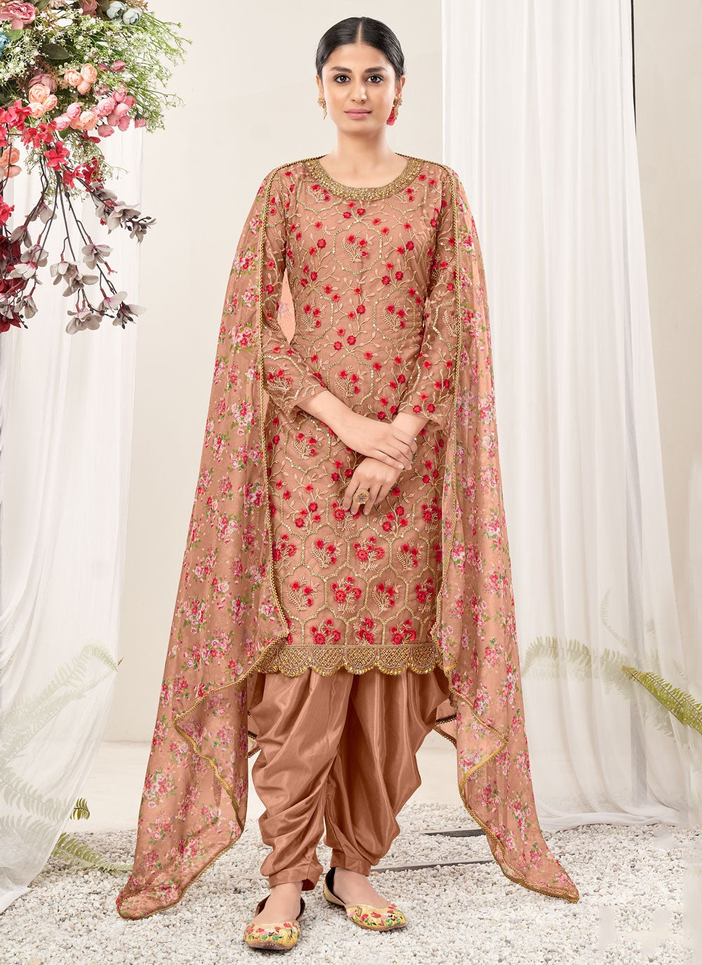 Peach Net Embroidery Patiyala Suit With Organza Dupatta