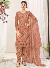 Peach Net Embroidery Patiyala Suit With Organza Dupatta