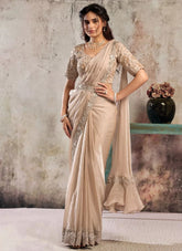 Peach ready to wear saree in two tone glossy satin