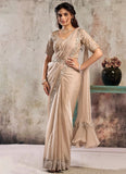 Peach ready to wear saree in two tone glossy satin