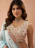 Tissue Bridal Lehenga in Peach with Sequins and Zari Embroidery
