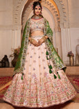 Peach Tissue Lehenga with Mirror, Sequin, and Moti Embroidery Work for Wedding