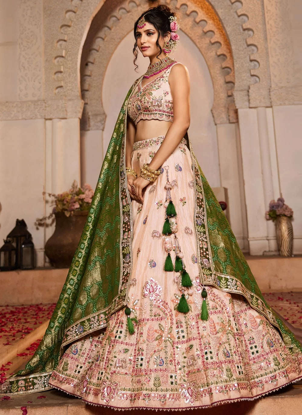 Peach Tissue Lehenga with Mirror, Sequin, and Moti Embroidery Work for Wedding